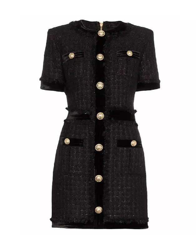 Embroidered women's cotton coats in a bohemian pattern for a unique designBlack Tweed Knit Gold Button Dress Embroidered women's cotton coats in a bohemian pattern for a unique designBlack Tweed Knit Gold Button Dress