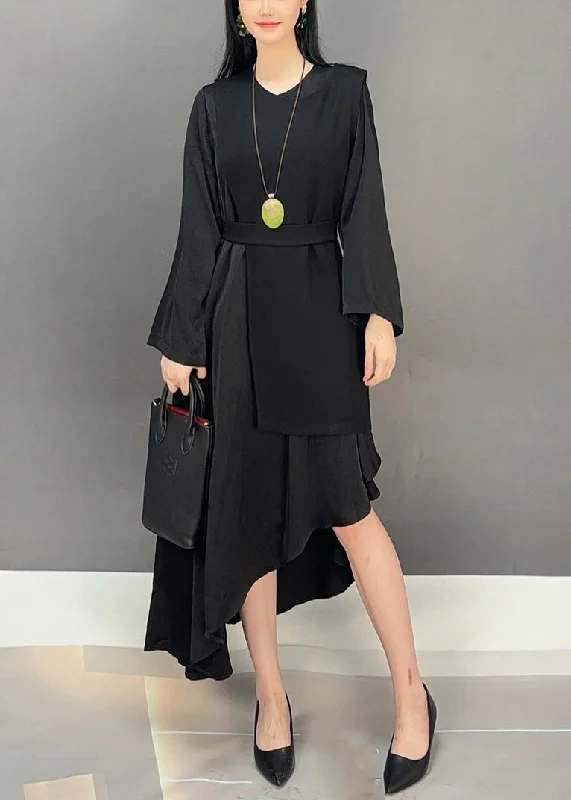 Women's waterproof parka coats with multiple pockets for practicalityBlack Waistcoat And Dresses Cotton Fall Two-Piece Set O Neck