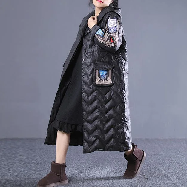 Women's long - sleeve wool coats in a houndstooth pattern for a classic charmblack winter down coat Loose fitting hooded down coat Luxury embroidery pockets winter down coat