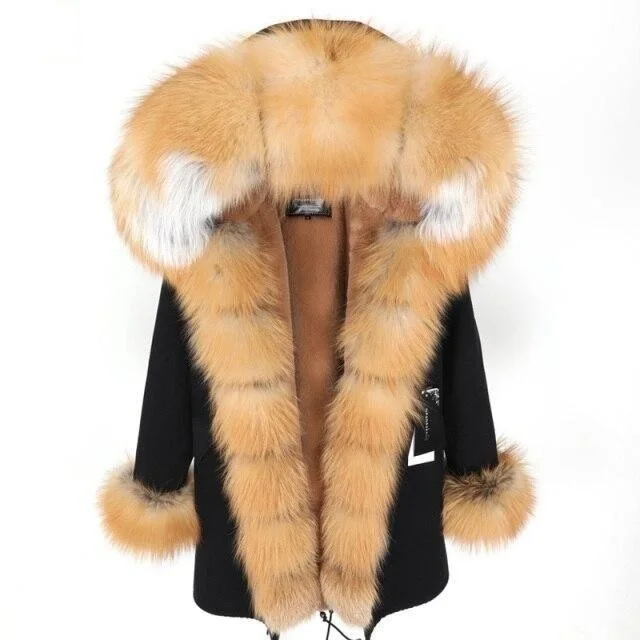 Women's cropped leather coats with silver studs for an edgy lookBlack Women's Fox Fur Leather Hooded Long Detachable Coats & Jackets