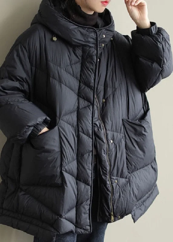 Women's long - sleeve wool coats in a houndstooth pattern for a classic charmBlack zippered Button Loose Winter Duck Down Jackets