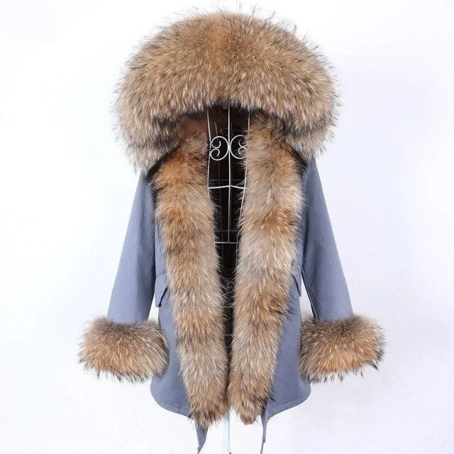 Plus size women's wool blend coats for a warm and stylish winterBlue and Gray Women's Natural Real Fur Collared Coat Parka Jacket for Winter