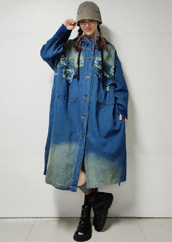 Women's faux fur coats in bright colors for a bold fashion statementBlue Button Pockets Denim Trench Coat Embroidered Long Sleeve Women's faux fur coats in bright colors for a bold fashion statementBlue Button Pockets Denim Trench Coat Embroidered Long Sleeve