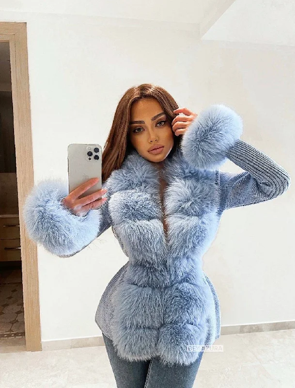Plus size women's wool blend coats for a warm and stylish winterBlue Detachable Fox Fur Trimmed Ribbed Knit Sweater Plus size women's wool blend coats for a warm and stylish winterBlue Detachable Fox Fur Trimmed Ribbed Knit Sweater