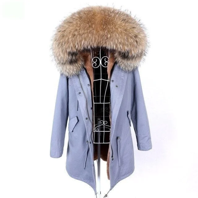 Belted women's cashmere coats in soft pastels for a luxurious feelBlue Grey Color Women's Real Fur Winter Coat Jacket with Fur Collar