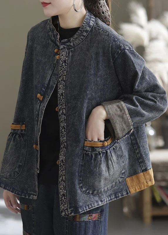 Long women's mac coats in a lightweight fabric for spring showersBlue Patchwork Cotton Denim Coats Stand Collar Oriental Button Fall