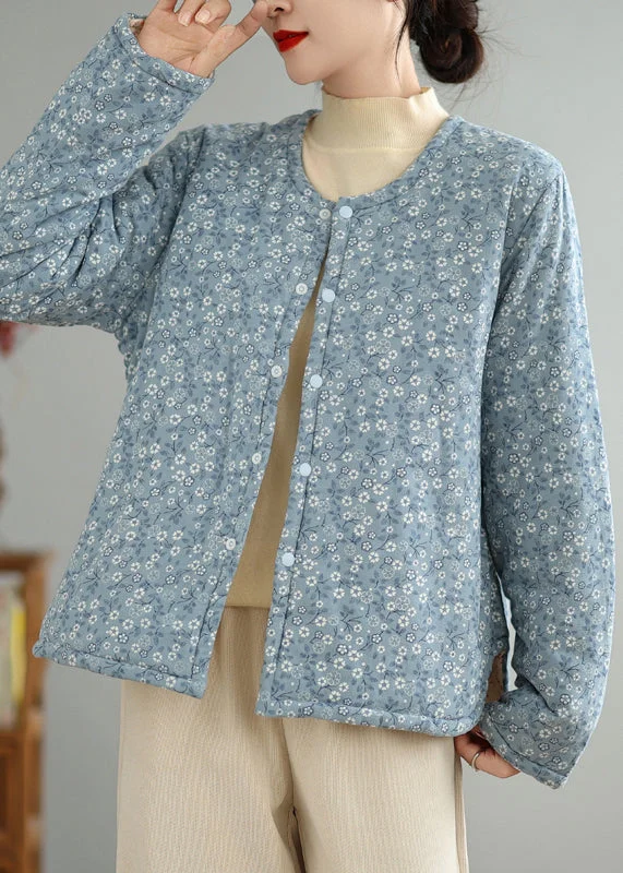 Petite women's wool blend coats with a tailored fit for a flattering silhouetteBlue Print Button Cotton Filled Winter Coat O Neck