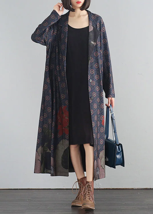 Women's cropped leather coats with silver studs for an edgy lookBlue V Neck Print Button Long Trench Coats Fall