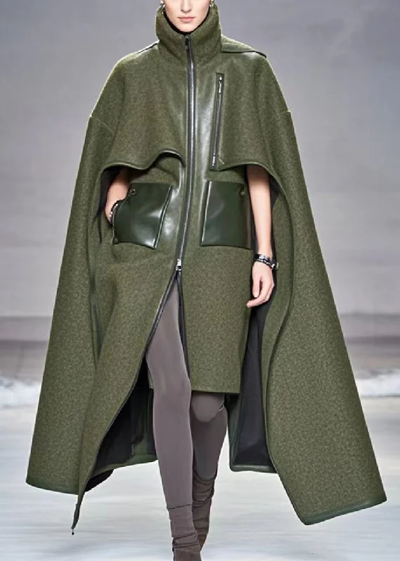 Water - resistant women's trench coats with adjustable cuffs for rainy daysBohemian Army Green Asymmetrical Patchwork Woolen Coats Fall