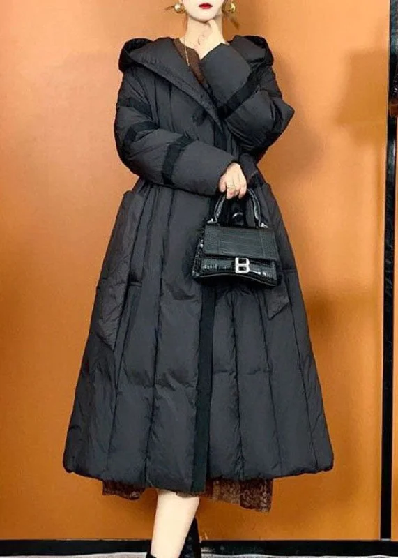 Belted women's cashmere coats in soft pastels for a luxurious feelBohemian Black Hooded Oversized Pockets Duck Down Puffers Jackets Winter