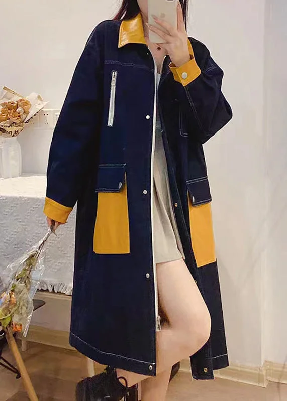 Petite women's wool blend coats with a tailored fit for a flattering silhouetteBohemian Denim Blue Peter Pan Collar Patchwork Zippered Button Linen Long Trench Coats Fall Petite women's wool blend coats with a tailored fit for a flattering silhouetteBohemian Denim Blue Peter Pan Collar Patchwork Zippered Button Linen Long Trench Coats Fall