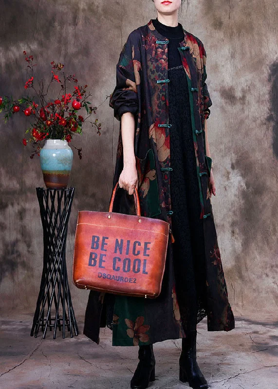 Women's long - sleeve wool coats in a houndstooth pattern for a classic charmBohemian Green Print Patchwork Side Open Oriental Button Cotton Trench Coat Long Sleeve