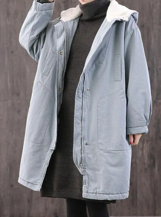 Mid - length women's down coats in a slim fit for a modern and sleek appearanceBohemian Hooded Zippered Cotton Clothes Wardrobes Light Blue Coats