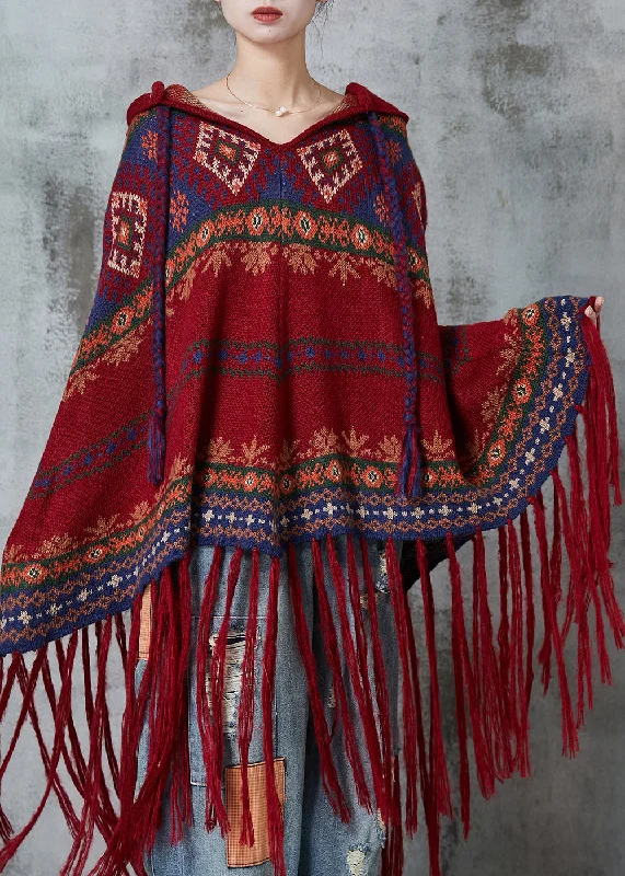 Plus size women's wool blend coats for a warm and stylish winterBohemian Mulberry Tasseled Print Knit Hooded Coat Spring