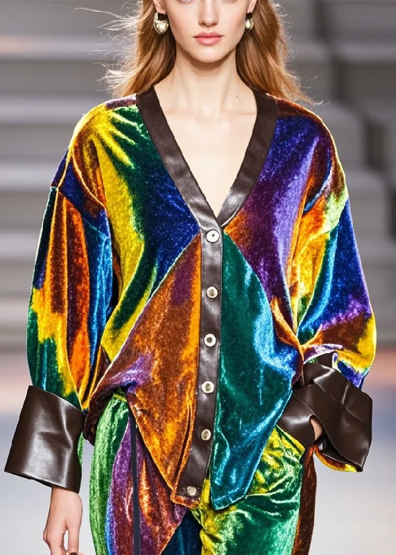 Shearling - lined women's leather coats for ultimate warmth and luxuryBohemian Multicolour V Neck Patchwork Silk Velvet Coat Fall