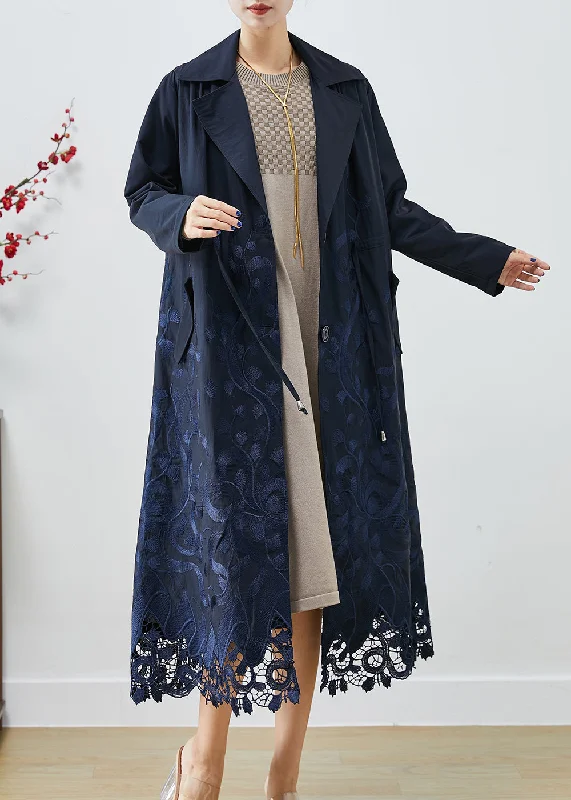 Long women's mac coats in a lightweight fabric for spring showersBohemian Navy Embroideried Tie Waist Spandex Trench Coats Fall Long women's mac coats in a lightweight fabric for spring showersBohemian Navy Embroideried Tie Waist Spandex Trench Coats Fall