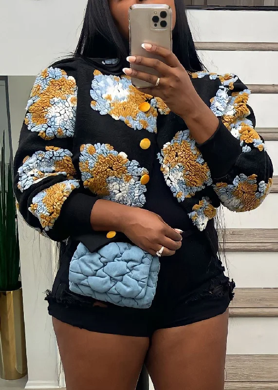 Oversized women's wool coats in a monochromatic look for a trendy outfitBohemian O Neck Pockets Floral Cotton Jackets Fall