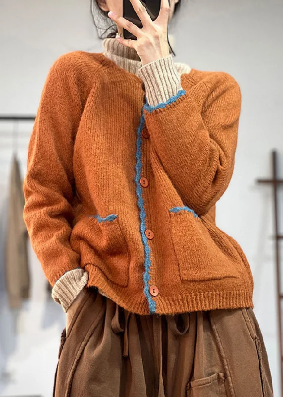 Women's reversible down coats with two - tone designs for versatile stylingBohemian Orange Button Pockets Woolen Coats Fall Women's reversible down coats with two - tone designs for versatile stylingBohemian Orange Button Pockets Woolen Coats Fall