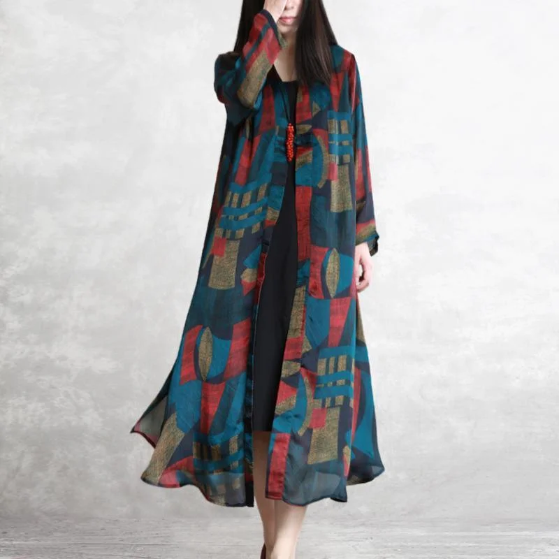 Water - resistant women's trench coats with adjustable cuffs for rainy daysBohemian silk cardigan Organic Wardrobes blue prints Maxi coat summer