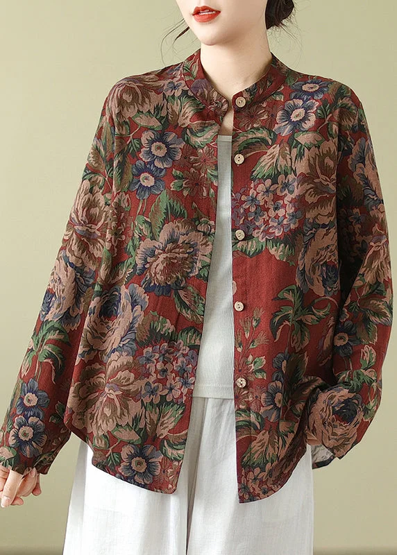 Women's waterproof parka coats with multiple pockets for practicalityBohemian Stand Collar Print Button Cotton Coats Fall