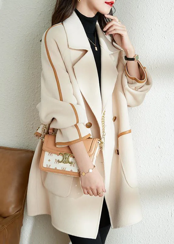 Petite women's wool blend coats with a tailored fit for a flattering silhouetteBohemian White Lapel Patchwork PU Woolen Trench Coat Fall Petite women's wool blend coats with a tailored fit for a flattering silhouetteBohemian White Lapel Patchwork PU Woolen Trench Coat Fall