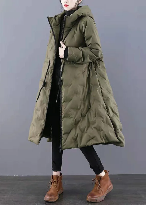 Shearling - lined women's leather coats for ultimate warmth and luxuryBoho Army Green Hooded Drawstring Side Open Thick Duck Down Down Coats Winter