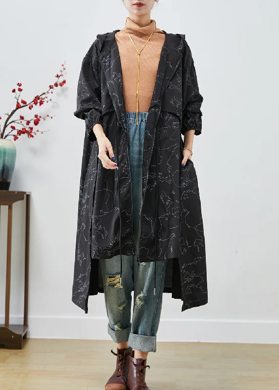 Women's pea coats with brass buttons for a nautical - inspired styleBoho Black Asymmetrical Print Drawstring Spandex Trench Coats Fall Women's pea coats with brass buttons for a nautical - inspired styleBoho Black Asymmetrical Print Drawstring Spandex Trench Coats Fall