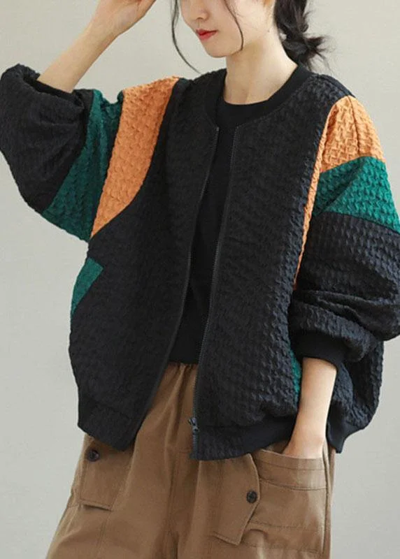 Quilted down women's coats with removable hoods for outdoor activitiesBoho Black Loose zippered Pockets Fall Jackets