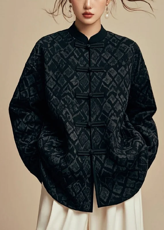 Women's reversible down coats with two - tone designs for versatile stylingBoho Black Stand Collar Solid Cotton Coat Fall