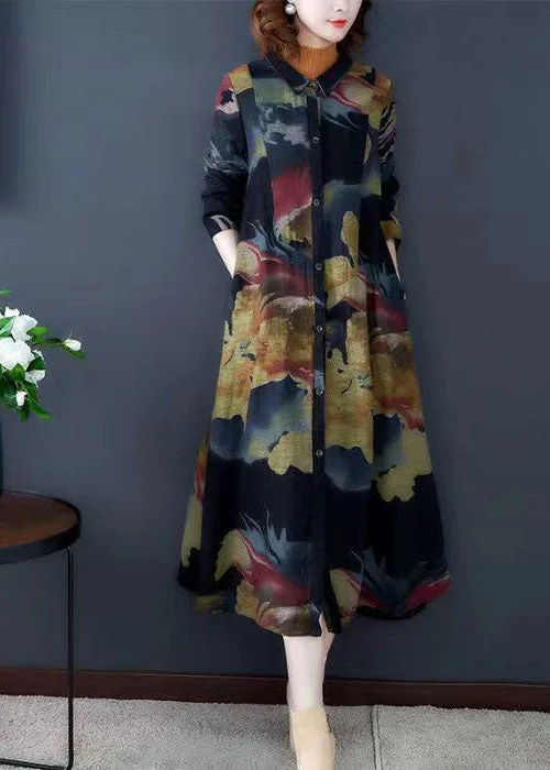 Women's longline double - breasted camel coats for a sophisticated lookBoho Black Turn-down Collar Print Cotton Long Trench Coats Long Sleeve Women's longline double - breasted camel coats for a sophisticated lookBoho Black Turn-down Collar Print Cotton Long Trench Coats Long Sleeve