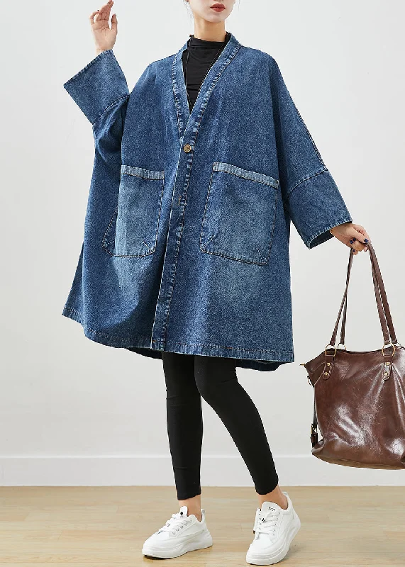 Belted women's cashmere coats in soft pastels for a luxurious feelBoho Blue Oversized Pockets Denim Trench Coats Batwing Sleeve Belted women's cashmere coats in soft pastels for a luxurious feelBoho Blue Oversized Pockets Denim Trench Coats Batwing Sleeve
