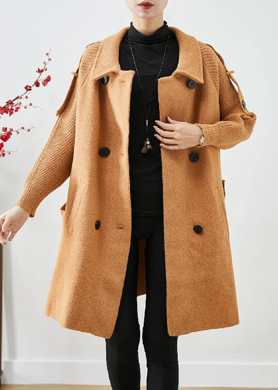 Women's reversible down coats with two - tone designs for versatile stylingBoho Light Camel Double Breast Patchwork Knit Woolen Trench Coats Fall Women's reversible down coats with two - tone designs for versatile stylingBoho Light Camel Double Breast Patchwork Knit Woolen Trench Coats Fall