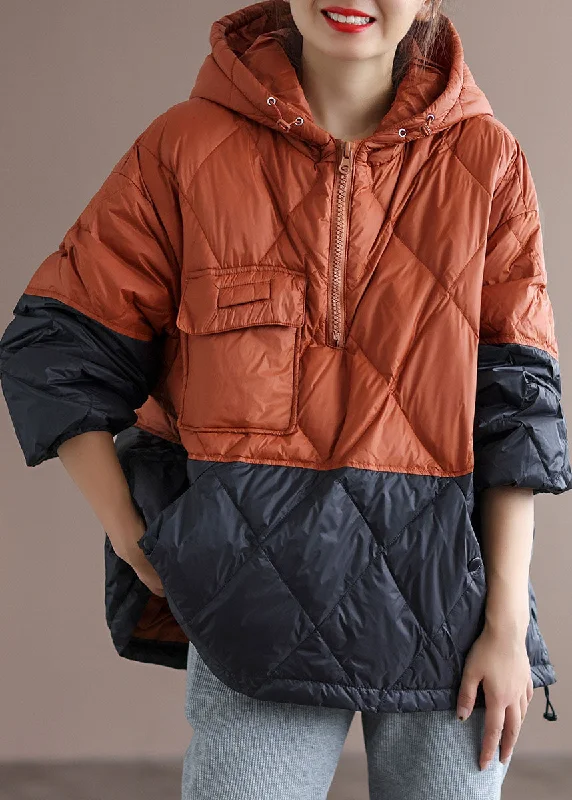 Long women's mac coats in a lightweight fabric for spring showersBoho Orange Patchwork Black hooded Loose Winter Down coat