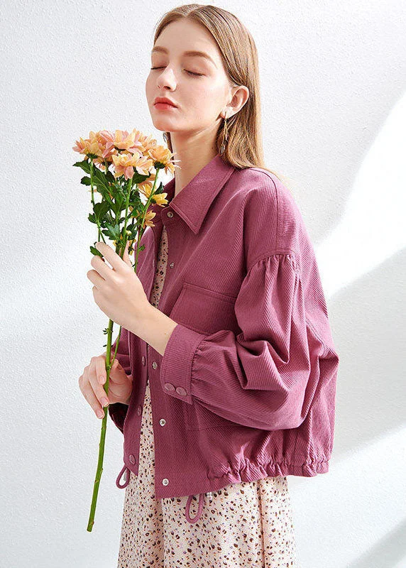 Petite women's wool blend coats with a tailored fit for a flattering silhouetteBoho Purple Red Peter Pan Collar Drawstring Pockets Cotton Coat Spring