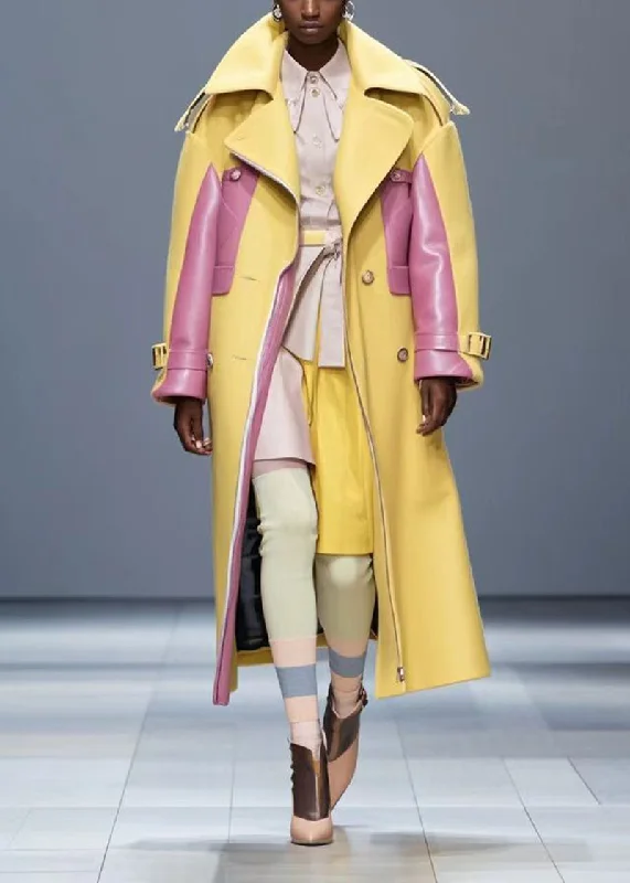 Hooded women's puffer coats in neon colors for high - visibility sportsBoho Yellow Oversized Patchwork Faux Leather Coat Outwear Fall