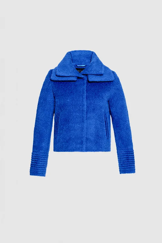 Embroidered women's cotton coats in a bohemian pattern for a unique designBouclé Alpaca Moto Jacket with Signature Double Collar