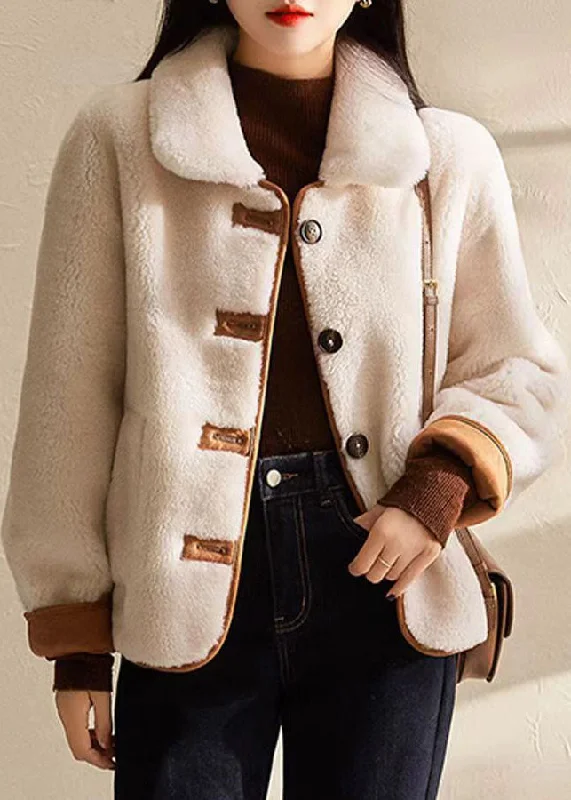 Women's knee - length wool blend coats with a fur collar for added warmthBoutique Beige Peter Pan Collar Button Wear On Both Sides Wool Coat Winter