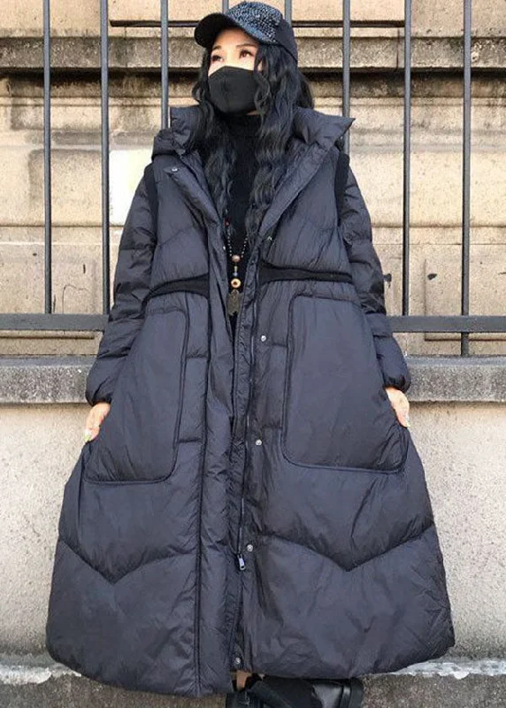 Quilted down women's coats with removable hoods for outdoor activitiesBoutique Black Stand Collar Hooded Drawstring Pockets Duck Down Cinch Coats Winter
