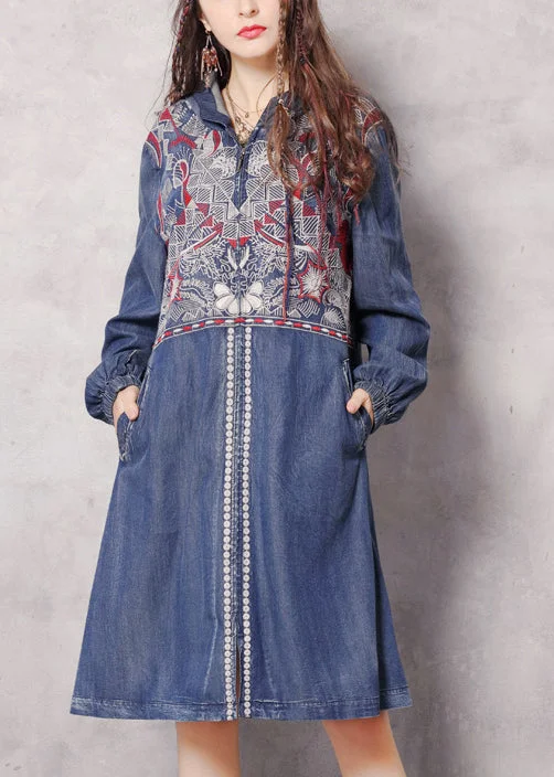 Long women's mac coats in a lightweight fabric for spring showersBoutique Blue zippered Hooded Embroideried Pockets Denim trench coats Spring