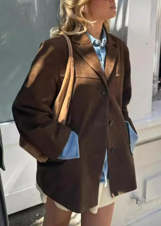 Water - resistant women's trench coats with adjustable cuffs for rainy daysBoutique Brown Peter Pan Collar Button Faux Suede Coat Fall