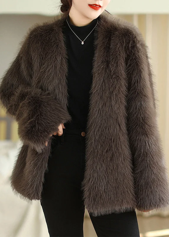 Women's longline double - breasted camel coats for a sophisticated lookBoutique Fashion Coffee V Neck Faux Fur Coats Winter