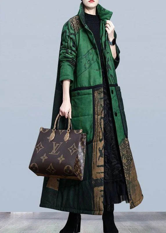 Embroidered women's cotton coats in a bohemian pattern for a unique designBoutique Green Print Pockets Thick Cotton Winter Long sleeve Coat Embroidered women's cotton coats in a bohemian pattern for a unique designBoutique Green Print Pockets Thick Cotton Winter Long sleeve Coat