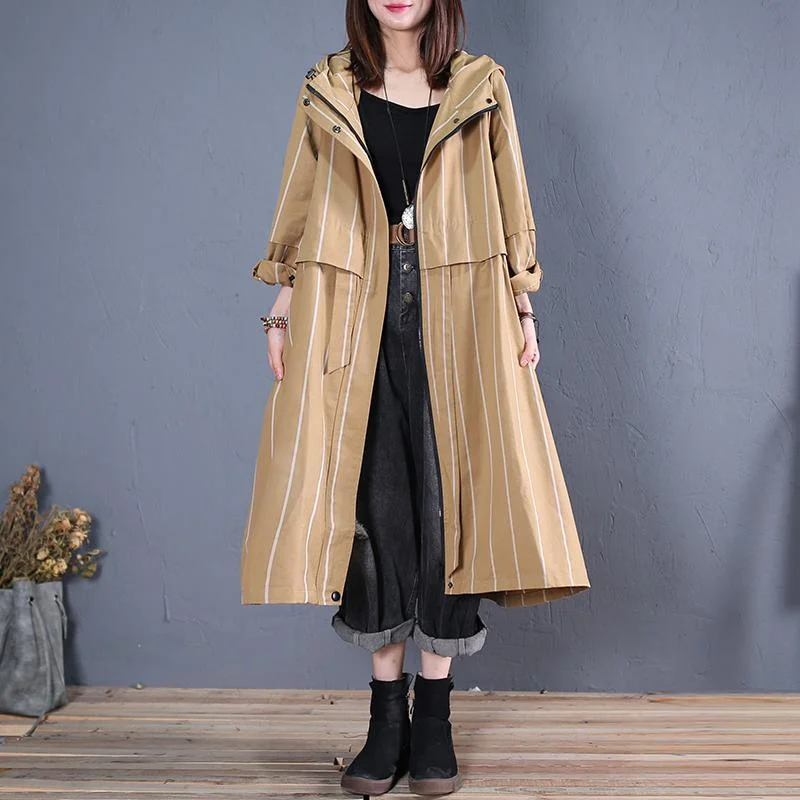 Belted women's cashmere coats in soft pastels for a luxurious feelboutique khaki striped overcoat casual Coats fall hooded zippered