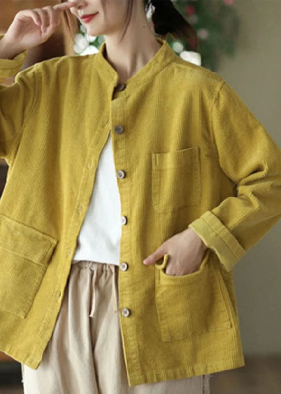 Women's cropped leather coats with silver studs for an edgy lookBoutique Yellow Stand Collar Pockets Solid Corduroy Coats Fall Women's cropped leather coats with silver studs for an edgy lookBoutique Yellow Stand Collar Pockets Solid Corduroy Coats Fall