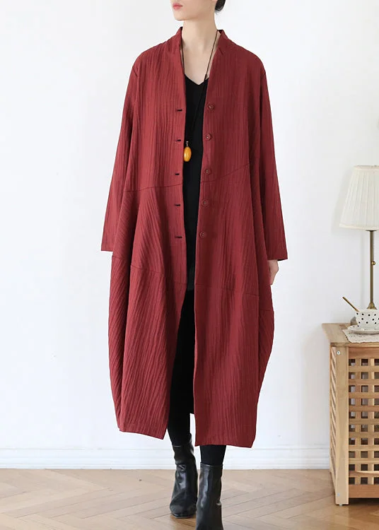 Women's long - sleeve wool coats in a houndstooth pattern for a classic charmBrick Red V Neck Button Linen Trench Coats Long Sleeve