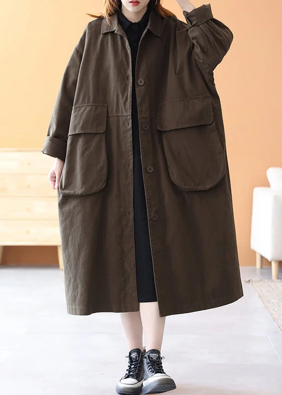 Quilted down women's coats with removable hoods for outdoor activitiesBrown Peter Pan Collar Button Cotton Trench Coats Long Sleeve