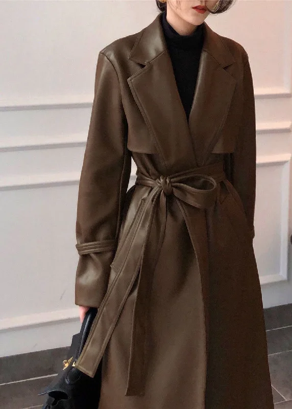 Checkered women's wool coats in a classic pattern for a timeless styleBrown Solid Color Faux Leather Trench Coats Notched Collar Sashes Winter