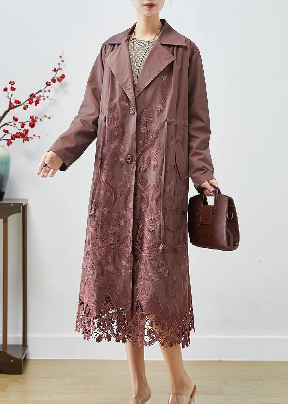Shearling - lined women's leather coats for ultimate warmth and luxuryBrown Spandex Trench Coats Embroideried Tie Waist Fall Shearling - lined women's leather coats for ultimate warmth and luxuryBrown Spandex Trench Coats Embroideried Tie Waist Fall
