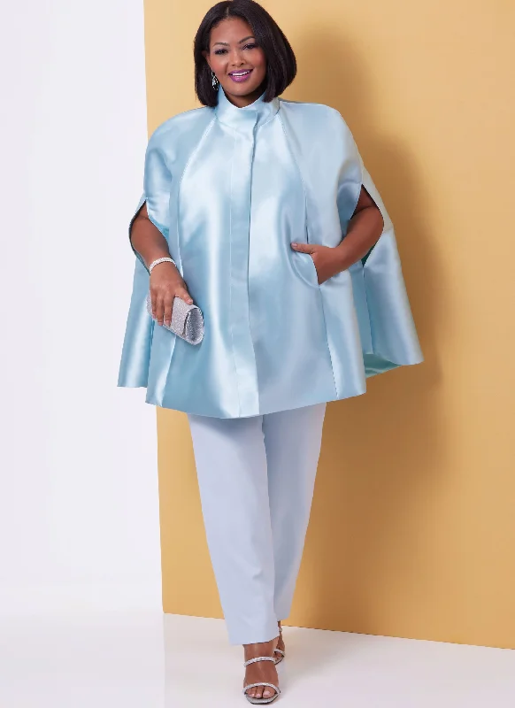 Women's knee - length wool blend coats with a fur collar for added warmthButterick Cape, Top & Trousers B6978