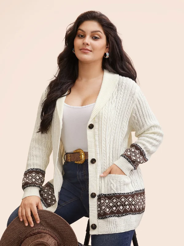 color block women cardigan with bold huesCable Knit Pockets Collared Cardigan